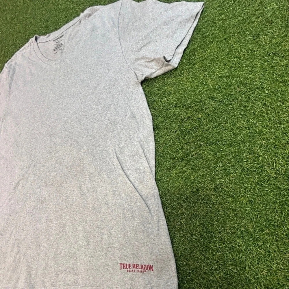 True Religion Mens V-Neck T-Shirt Heather Gray Short Sleeve Logo Tee Medium